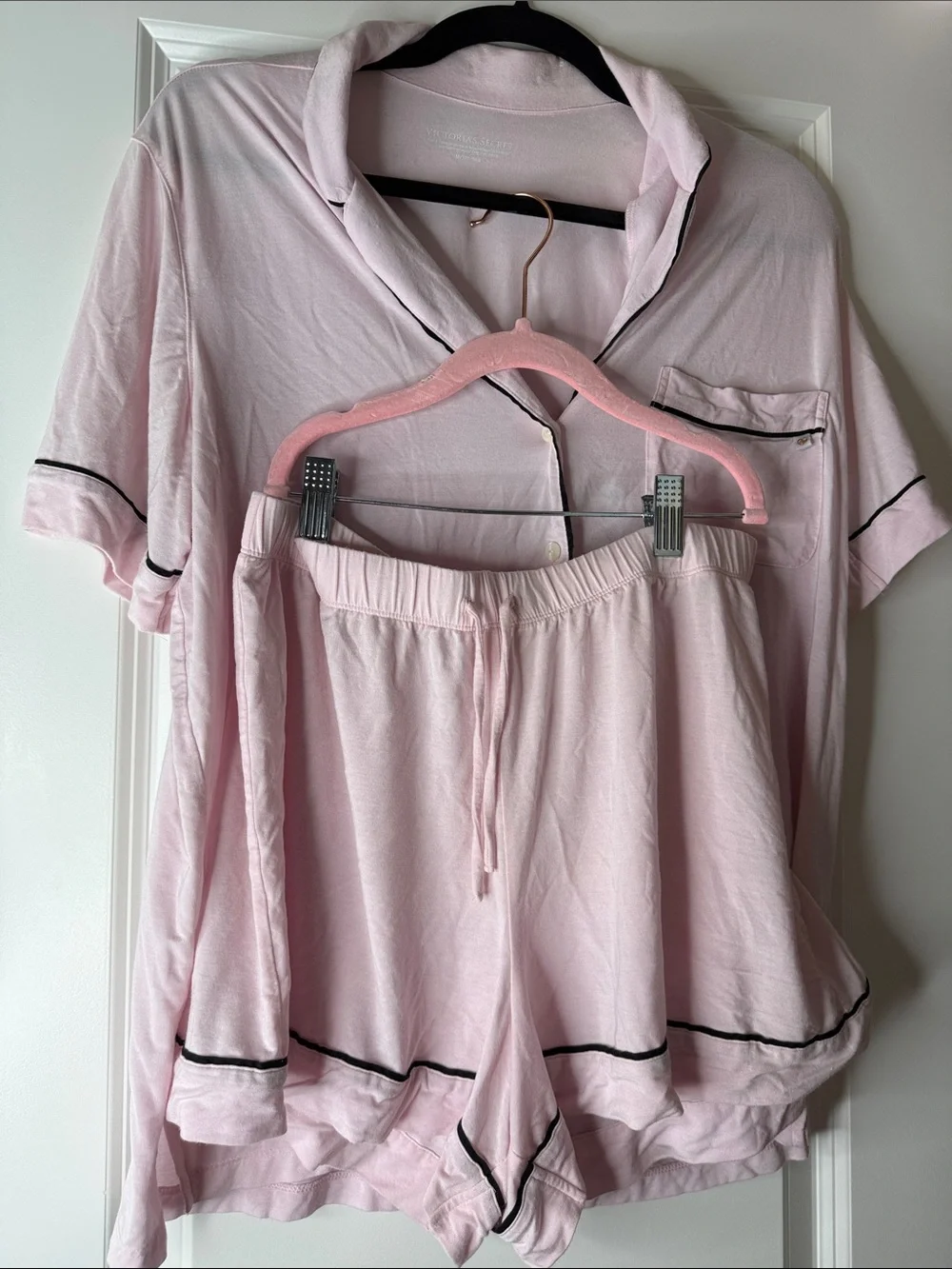 Victoria's Secret Pastel Pink Short-Sleeve Pajama Set with Black Trim